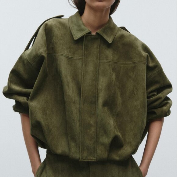 Zara Faux Suede Bomber Jacket in Green - Picture 1 of 7